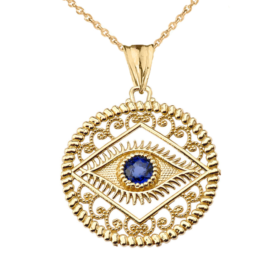 Solid Gold Round Filigree Evil Eye Pendant Necklace(Available In Yellow/Rose/White Gold)