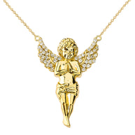 14K Yellow Gold Praying Cherub Angel Necklace