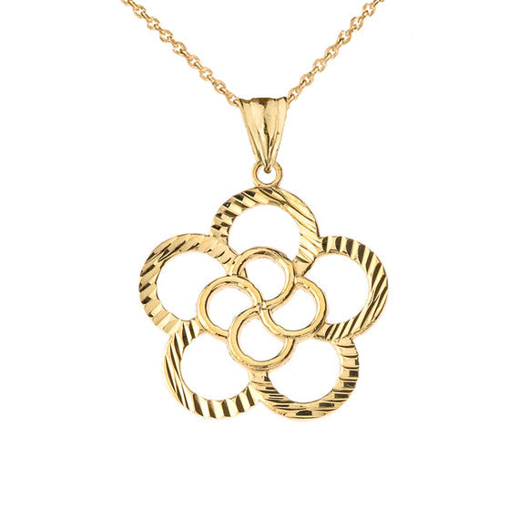 Gold Diamond Cut Flower Pendant Necklace (Available in Yellow/Rose/White Gold)