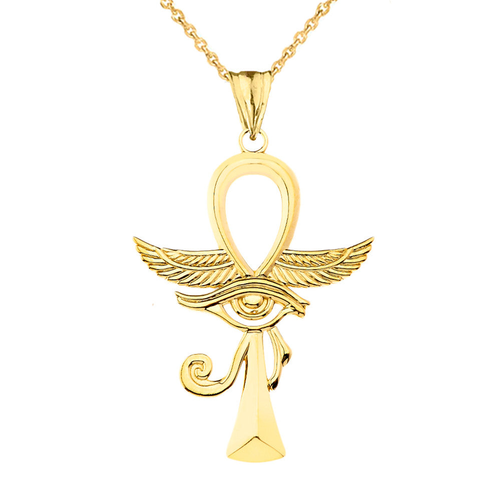 Gold Egyptian Winged Ankh Cross Eye of Horus Pendant Necklace (Available in Yellow/Rose/White Gold)