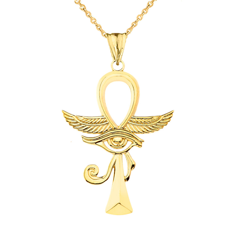 Gold Egyptian Winged Ankh Cross Eye of Horus Pendant Necklace (Available in Yellow/Rose/White Gold)