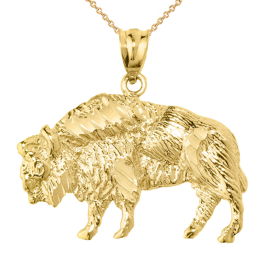 Gold Diamond Cut Bison Pendant Necklace(Available in Yellow/Rose/White Gold)