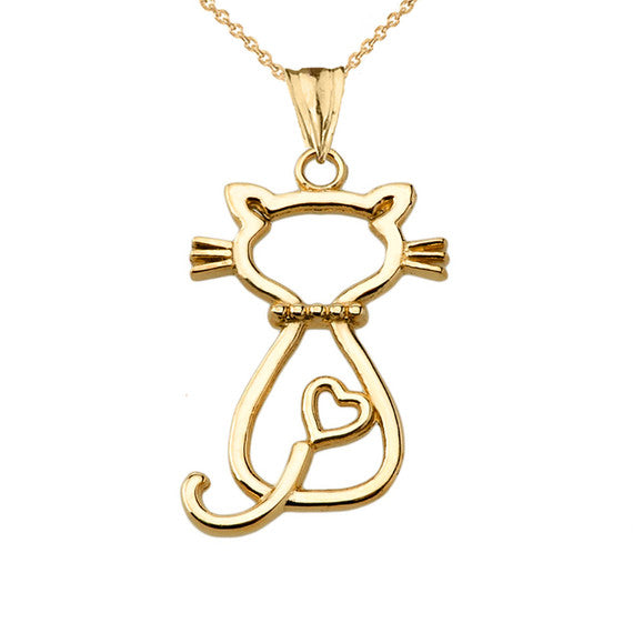 Gold Openwork Backwards Cat Pendant Necklace (Available in Yellow/Rose/White Gold)
