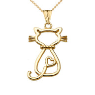 Gold Openwork Backwards Cat Pendant Necklace (Available in Yellow/Rose/White Gold)