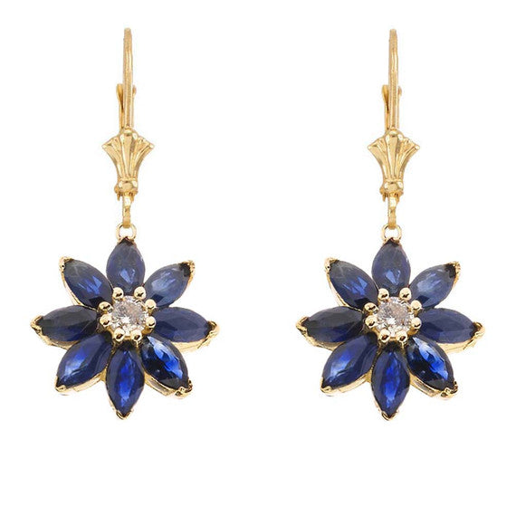 14k Gold Genuine Sapphire and Diamond Daisy Leverback Earrings (Available in Yellow/Rose/White Gold)