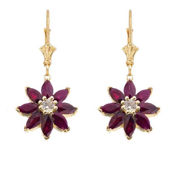 14k Gold Genuine Ruby and Diamond Daisy Leverback Earrings(Available in Yellow/Rose/White Gold)