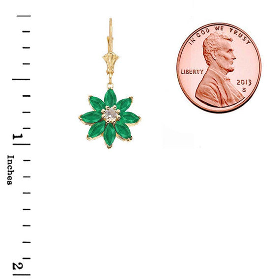 14k Gold Emerald and Diamond Daisy Leverback Earrings (Available in Yellow/Rose/White Gold)