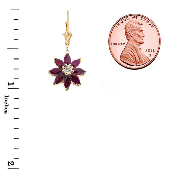 14k Gold Genuine Ruby and Diamond Daisy Leverback Earrings(Available in Yellow/Rose/White Gold)