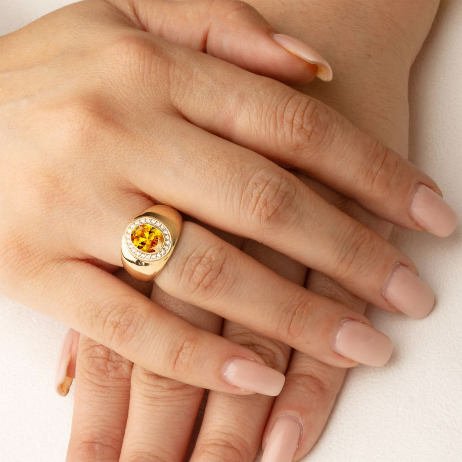 Gold Oval Gemstone Diamond Halo Signet Ring (Available in Yellow/Rose/White Gold)