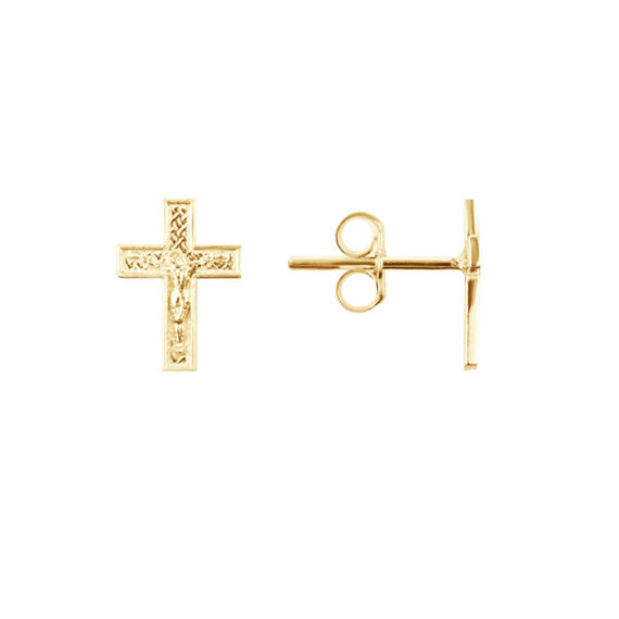 Gold Religious Jesus Christ Cross Crucifix Stud Earrings (Available in Yellow/White Gold)