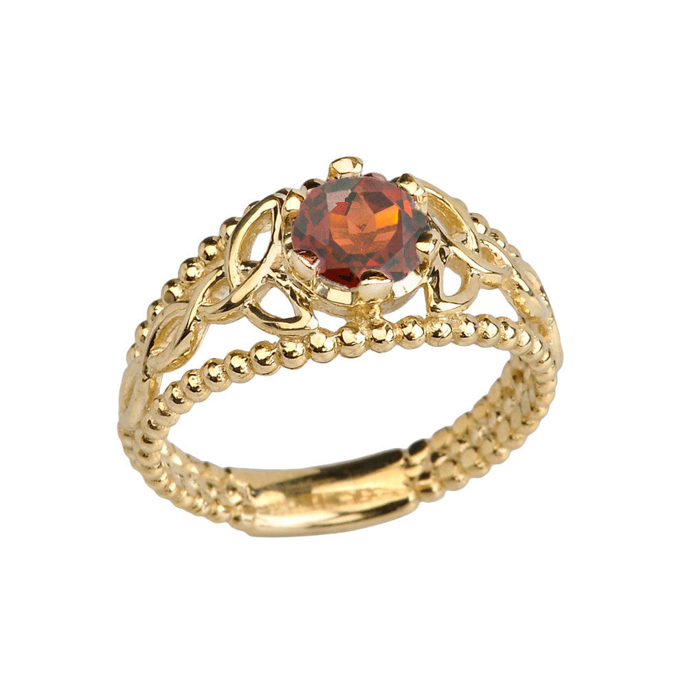 Gold Cubic Zirconia Birthstone Beaded Celtic Trinity Knot Engagement/Promise Ring (Available In Yellow/Rose/White Gold)