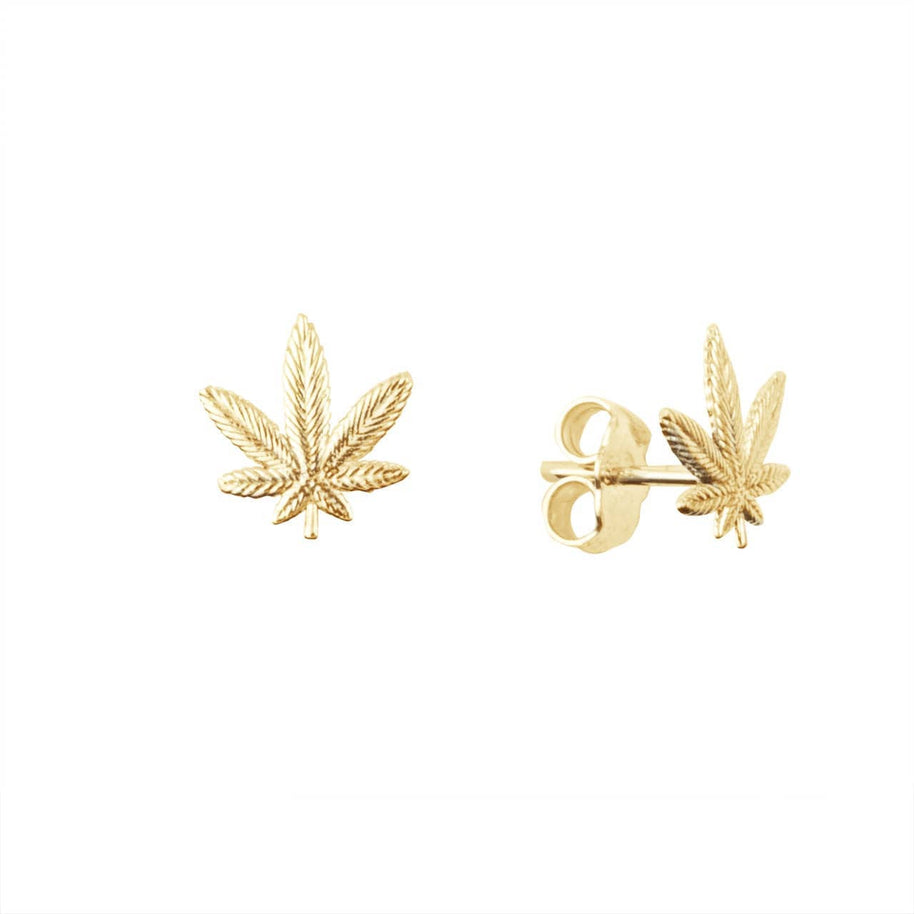 Gold Marijuana Leaf Weed Stud Earrings (Available in Yellow/White Gold)