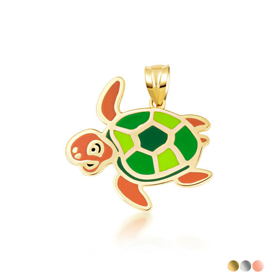 Gold Enamel Sea Turtle Marine Pendant Necklace (Available in Yellow/Rose/White Gold)