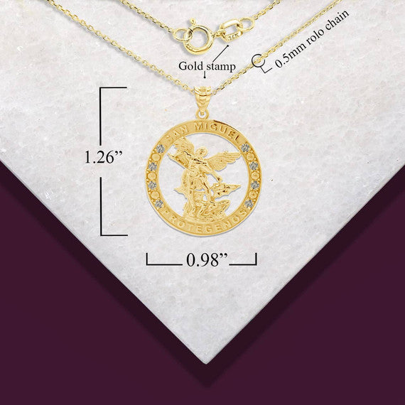 Gold Cubic Zirconia Patron Saint Michael Archangel Round Pendant Necklace (Available in Yellow/Rose/White Gold)