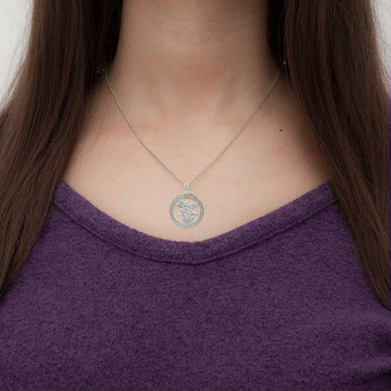 925 Sterling Silver Cubic Zirconia Patron Saint Michael Archangel Round Pendant Necklace