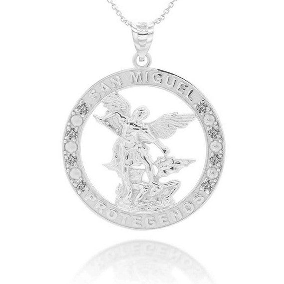 Gold Cubic Zirconia Patron Saint Michael Archangel Round Pendant Necklace (Available in Yellow/Rose/White Gold)