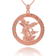 Gold Cubic Zirconia Patron Saint Michael Archangel Round Pendant Necklace (Available in Yellow/Rose/White Gold)