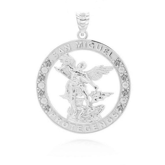 925 Sterling Silver Cubic Zirconia Patron Saint Michael Archangel Round Pendant Necklace