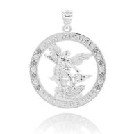 Gold Cubic Zirconia Patron Saint Michael Archangel Round Pendant Necklace (Available in Yellow/Rose/White Gold)
