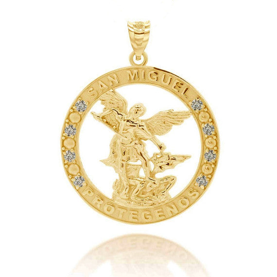 Gold Cubic Zirconia Patron Saint Michael Archangel Round Pendant Necklace (Available in Yellow/Rose/White Gold)