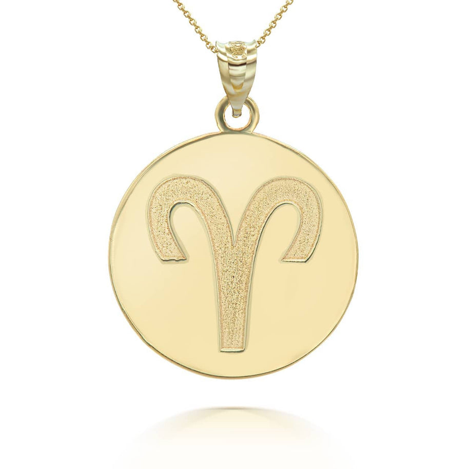 Gold Custom Satin Finish Zodiac Sign Engravable Coin Pendant Necklace (Available in Yellow/Rose/White Gold)