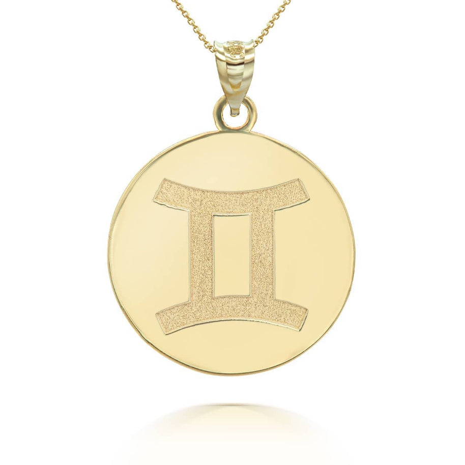 Gold Custom Satin Finish Zodiac Sign Engravable Coin Pendant Necklace (Available in Yellow/Rose/White Gold)