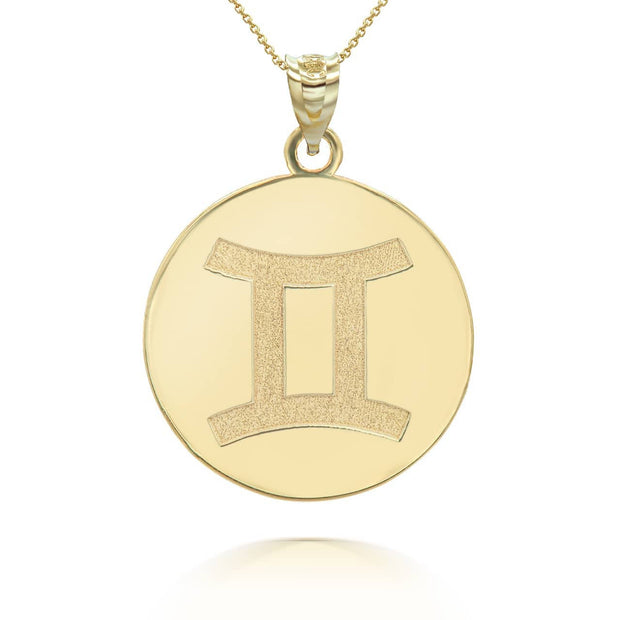 Gold Custom Satin Finish Zodiac Sign Engravable Coin Pendant Necklace (Available in Yellow/Rose/White Gold)