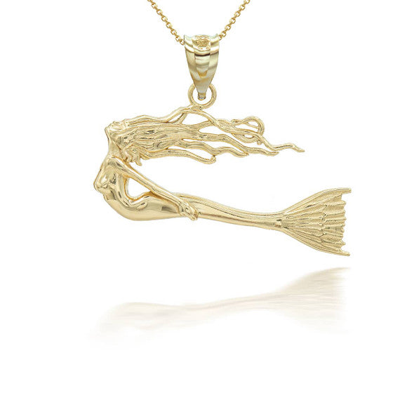 Gold Swimming Mermaid Pendant Necklace ( Available In Yellow/Rose/White Gold)