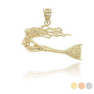 Gold Swimming Mermaid Pendant Necklace ( Available In Yellow/Rose/White Gold)
