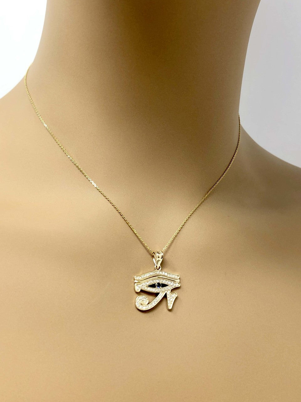 Gold Diamond Studded Egyptian Eye of Horus Wadjet Blue Sapphire Pendant Necklace(Available in Yellow/Rose/White)