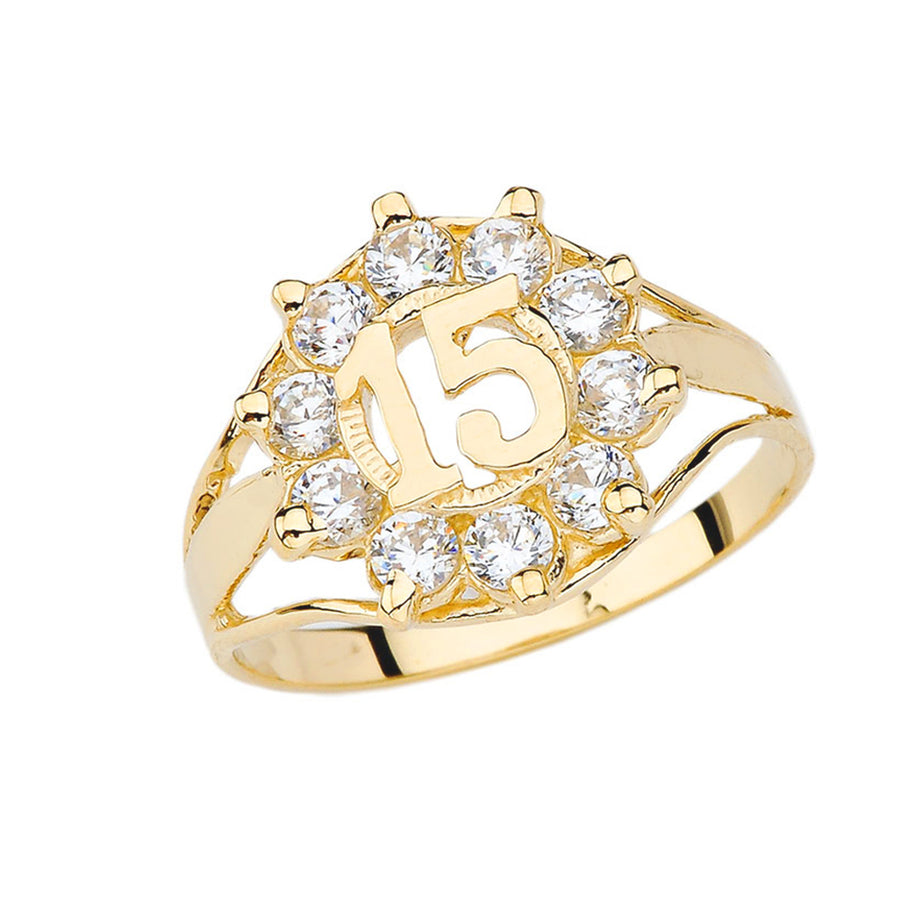 Gold Cubic Zirconia 15 Años Quinceañera Round Ring (Available in Yellow/Rose/White Gold)