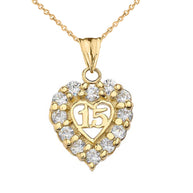 Gold Cubic Zirconia Heart 15 Años Quinceañera Pendant Necklace(Available in Yellow/Rose/White)