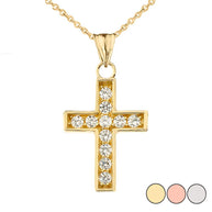 Gold Cubic Zirconia Cross Religious Pendant Necklace (Available in Yellow/Rose/White Gold)