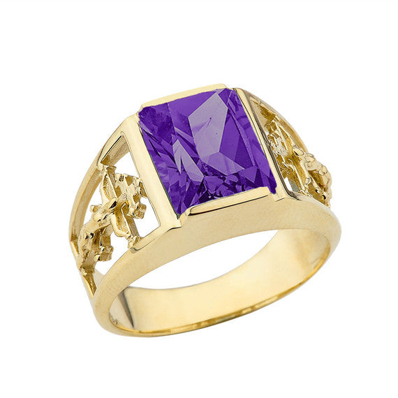 Orthodox Cross Mens Ring With Personalized (LC) Birthstone In 10K Yellow Gold