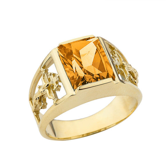 Orthodox Cross Mens Ring With Personalized (LC) Birthstone In 10K Yellow Gold