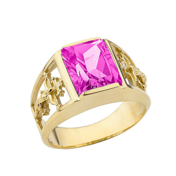 Orthodox Cross Mens Ring With Personalized (LC) Birthstone In 10K Yellow Gold
