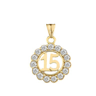 Solid Gold Cubic Zirconia 15 Años Quinceañera Round Pendant Necklace (Available in Yellow/Rose/White Gold)