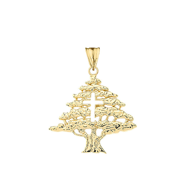 Solid Gold Lebanese Cedar Tree With Cut out Cross Pendant Necklace(Available in Yellow/Rose/White Gold)