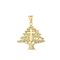 Gold Lebanese Cedar Tree With Orthodox Cross Pendant Necklace (Available in Yellow/Rose/White)