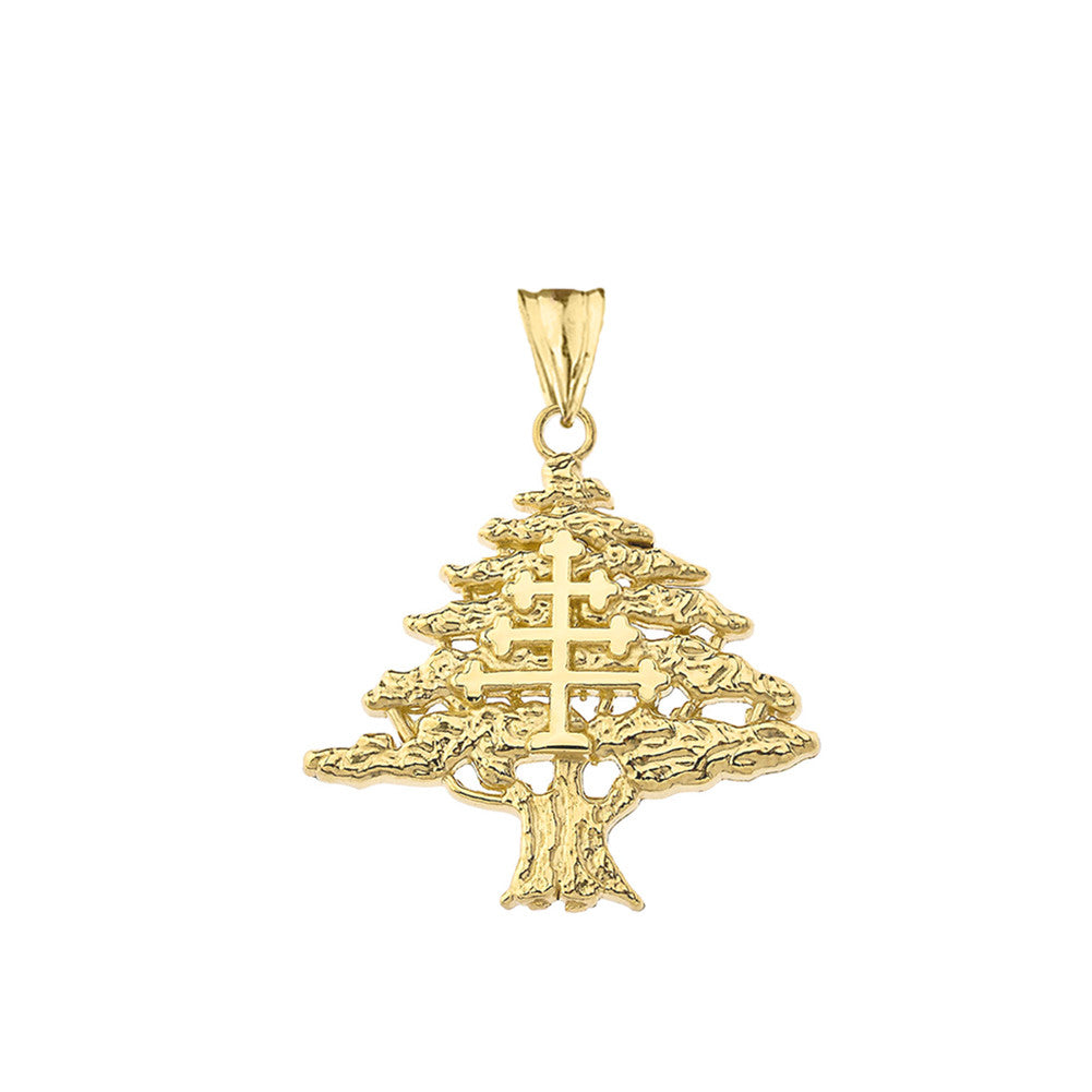 Gold Lebanese Cedar Tree With Maronite Cross Pendant Necklace (Available in Yellow/Rose/White)