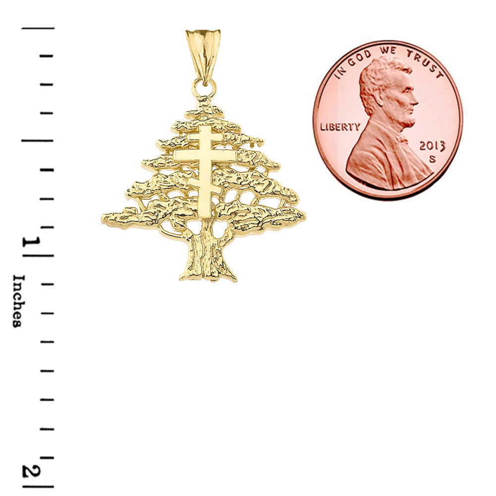 Gold Lebanese Cedar Tree With Orthodox Cross Pendant Necklace (Available in Yellow/Rose/White)