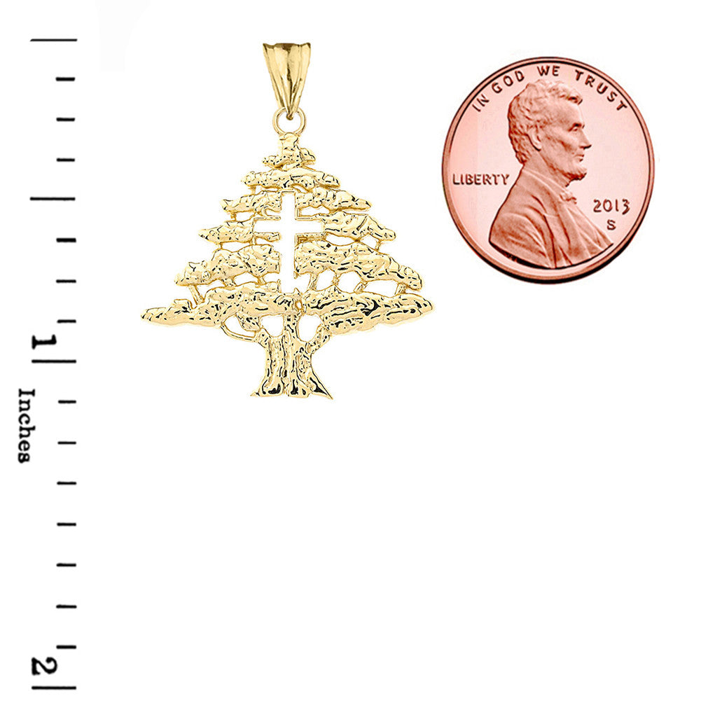 Solid Gold Lebanese Cedar Tree With Cut out Cross Pendant Necklace(Available in Yellow/Rose/White Gold)