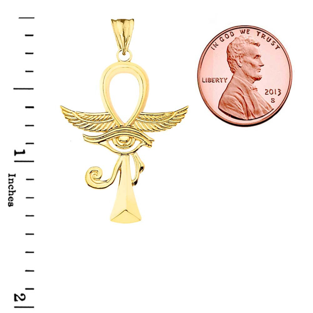 Gold Egyptian Winged Ankh Cross Eye of Horus Pendant Necklace (Available in Yellow/Rose/White Gold)