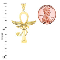 Gold Egyptian Winged Ankh Cross Eye of Horus Pendant Necklace (Available in Yellow/Rose/White Gold)