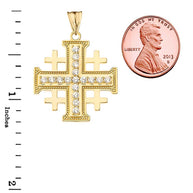 Gold Cubic Zirconia Jerusalem Cross Pendant Necklace (Available in Yellow/Rose/White Gold)
