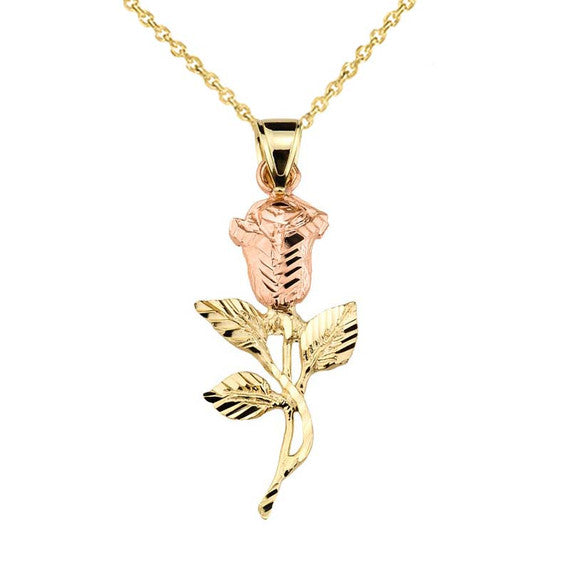 Two-Tone Gold Diamond Cut Rose Flower Pendant Necklace
