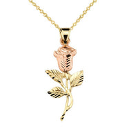 Two-Tone Gold Diamond Cut Rose Flower Pendant Necklace