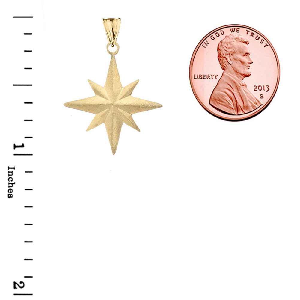 Solid Gold Satin Finish Elegant North Star Pendant Necklace (Available in Yellow/Rose/White Gold)