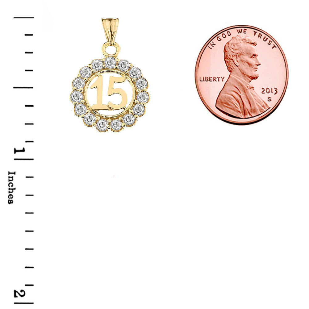 Solid Gold Cubic Zirconia 15 Años Quinceañera Round Pendant Necklace (Available in Yellow/Rose/White Gold)