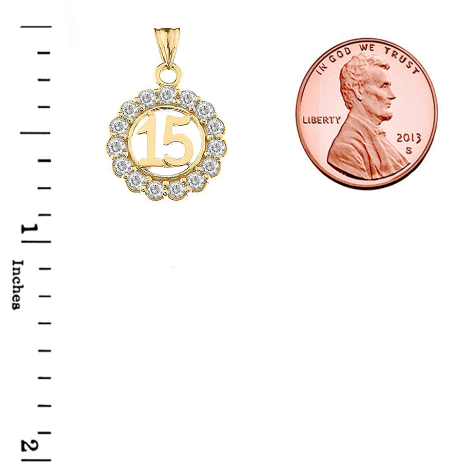 Solid Gold Cubic Zirconia 15 Años Quinceañera Round Pendant Necklace (Available in Yellow/Rose/White Gold)